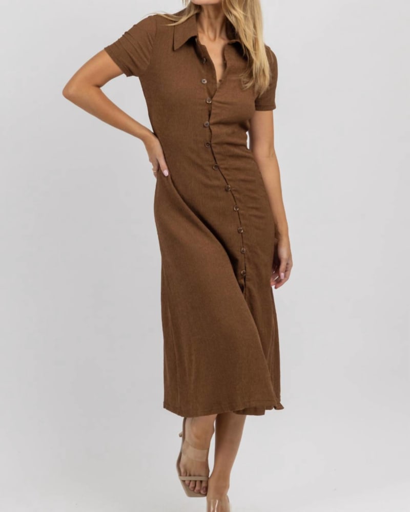 Front of a model wearing a size L Asymmetrical Button Midi Dress In Brown in Brown by Fore. | dia_product_style_image_id:351451
